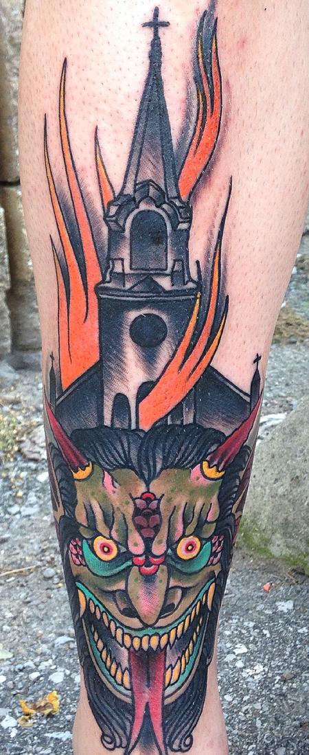 Gary Dunn - Traditional burning church with evil old devil tattoo, Gary Dunn Art Junkies Tattoo 